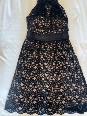 Banana Republic Black Lace Overlay A-Line Dress with Nude Lining Size- 10